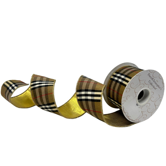 Berry Black and Tan Plaid Ribbon w/ Gold back 2.5" x 10yd | IR