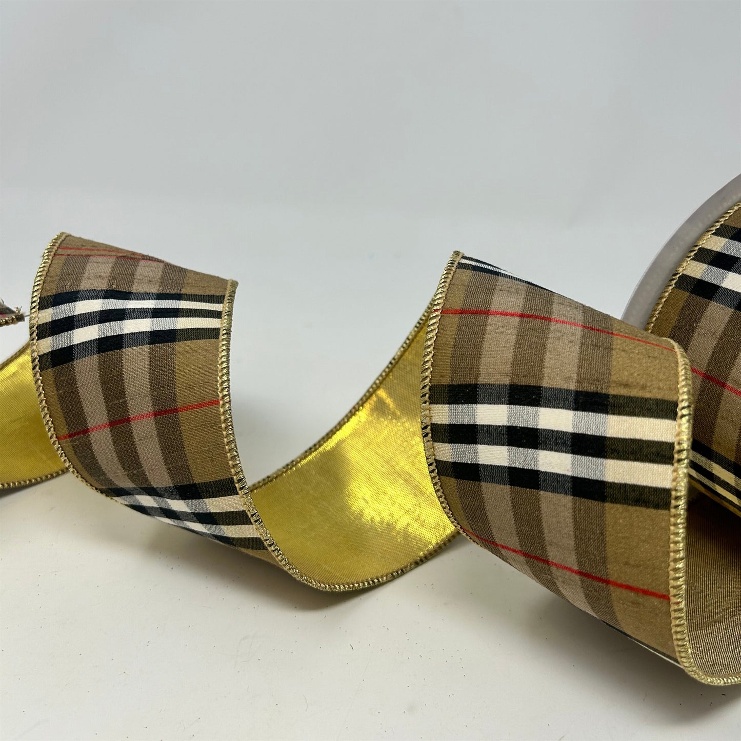 Berry Black and Tan Plaid Ribbon w/ Gold back 2.5" x 10yd | IR