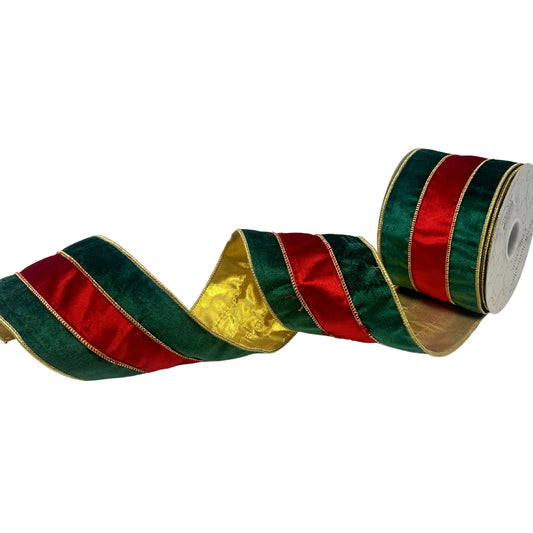Red Velvet in the center of Green Velvet Ribbon w/ Gold Edge/Gold back 4” x 10yd | IR