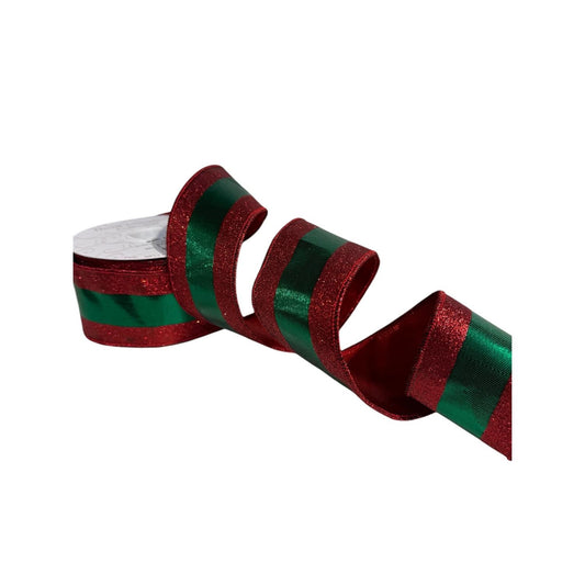 Red Glitter Stripe on Green lame Ribbon w/ Red back 2.5” x 10yd | IR