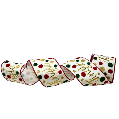 Red/Green/Gold Polka Dot Chenille Embroidery Ribbon w/ Gold Jingle Embroidery 4” x 10yd | IR