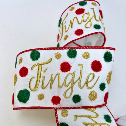 Red/Green/Gold Polka Dot Chenille Embroidery Ribbon w/ Gold Jingle Embroidery 4” x 10yd | IR