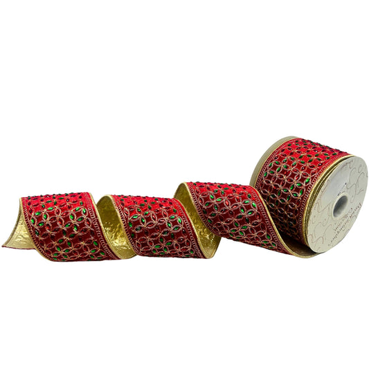 Heavy Jewel Embroidery Red/Green/Gold Ribbon on Red Velvet 4" x 10yd | IR