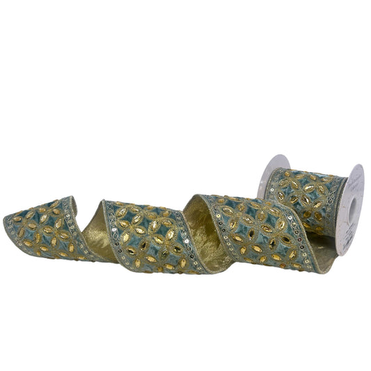 Soft Blue Velvet With Gold Jewel Embroidery 4" x 10yd | IR
