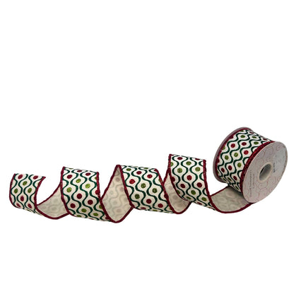 Retro Glitter Print Red/Green on White Ribbon 2.5" x 10yd | IR