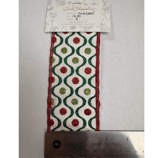 Retro Glitter Print Red/Green on White Ribbon 2.5" x 10yd | IR