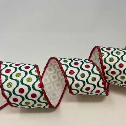 Retro Glitter Print Red/Green on White Ribbon 2.5" x 10yd | IR