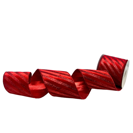 Red Glitter Stripe on Red Velvet Ribbon 4” x 10yd | IR