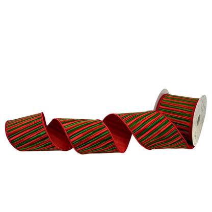 Green and Red Yarn Stripe Embroidery On Red Dupion 4"X10YD| IR