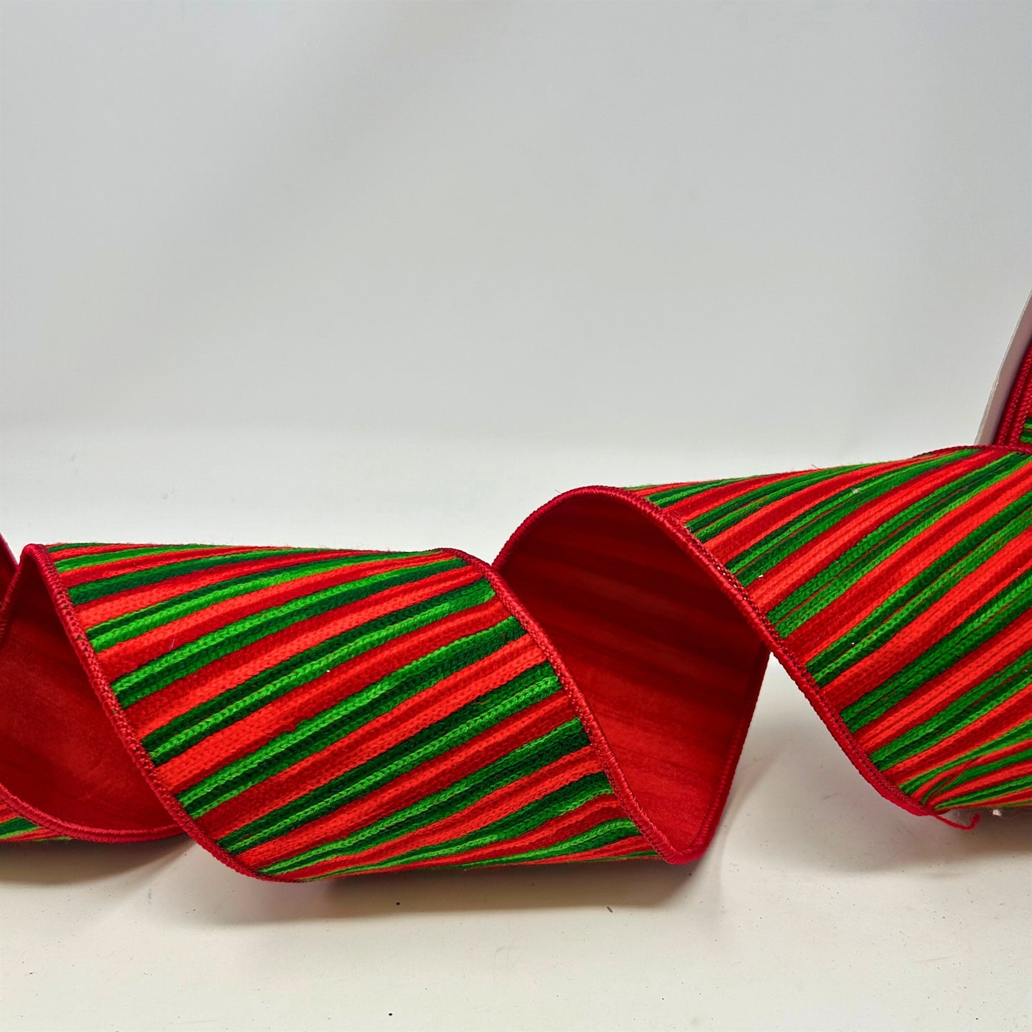Green and Red Yarn Stripe Embroidery On Red Dupion 4"X10YD| IR