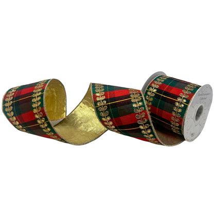 Gold Leaf Embroidery on Traditional Plaid Dupion Ribbon w/ Gold lame back 4” x 10yd | IR