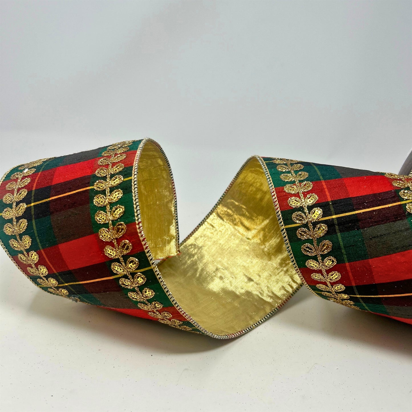 Gold Leaf Embroidery on Traditional Plaid Dupion Ribbon w/ Gold lame back 4” x 10yd | IR