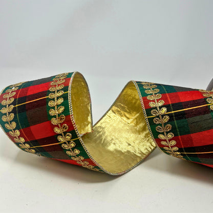 Gold Leaf Embroidery on Traditional Plaid Dupion Ribbon w/ Gold lame back 4” x 10yd | IR