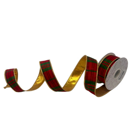 Modern Christmas Plaid Red/Green Ribbon w/ gold back 1.5" x 10yd | IR