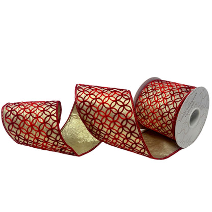 Two Tone Red Chain Embroidery on Metallic Gold Ribbon 4" x 10yd | IR