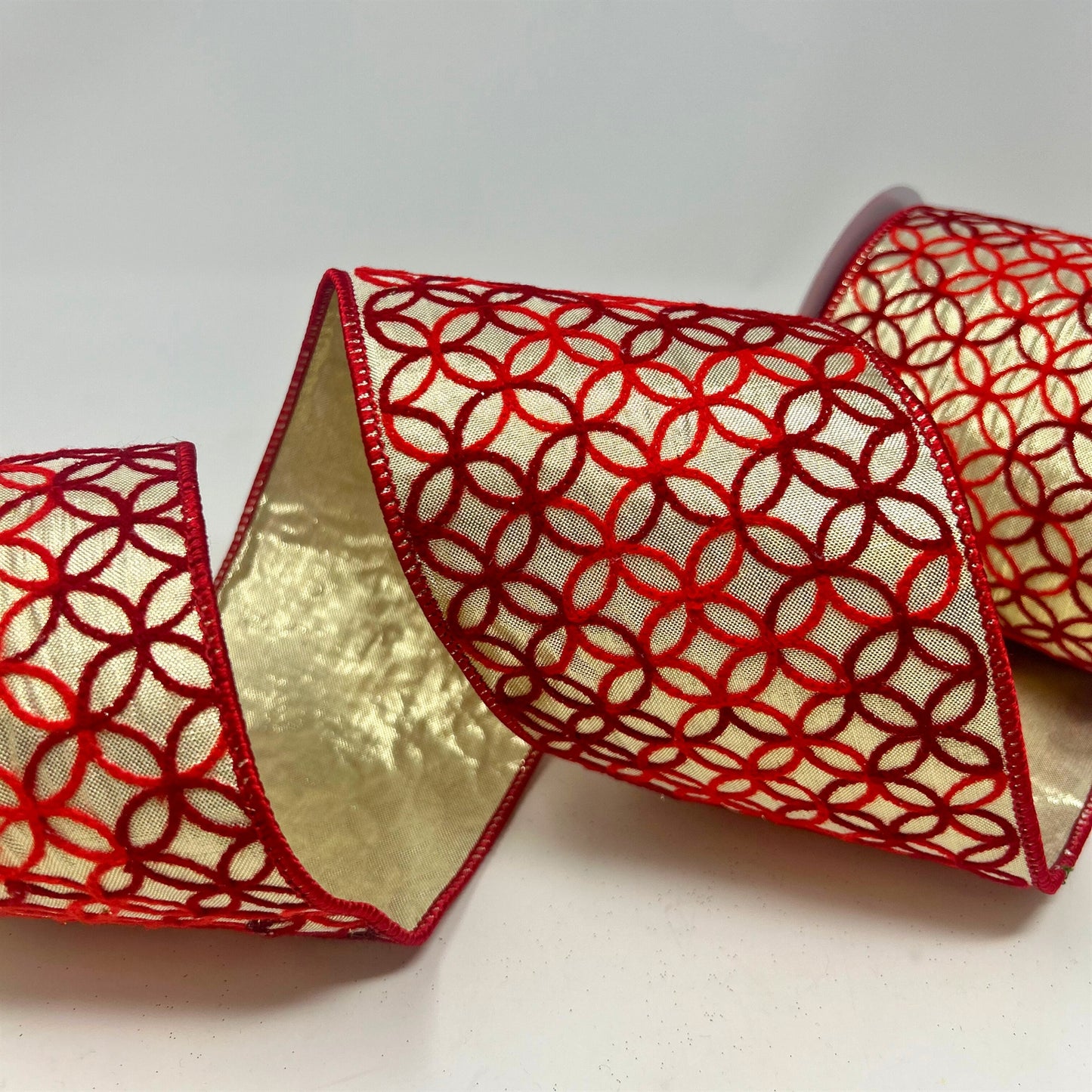 Two Tone Red Chain Embroidery on Metallic Gold Ribbon 4" x 10yd | IR