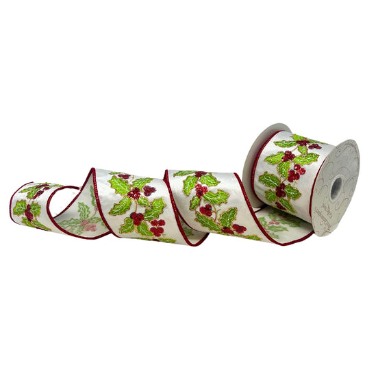 Holly Berry Sequin And Embroidery on White Ribbon 4” x 10yd | IR