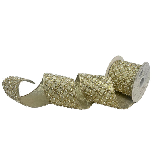 Stitched Pearl Embroidery Design on Metallic Gold Ribbon 4" x 5yd | IR