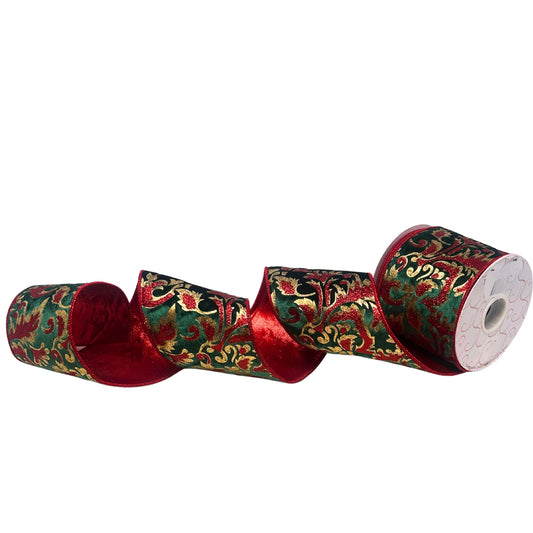 Glitter Print Leaf Pattern on Dark Green Velvet Ribbon w/ Red lame back 4” x 10yd | IR