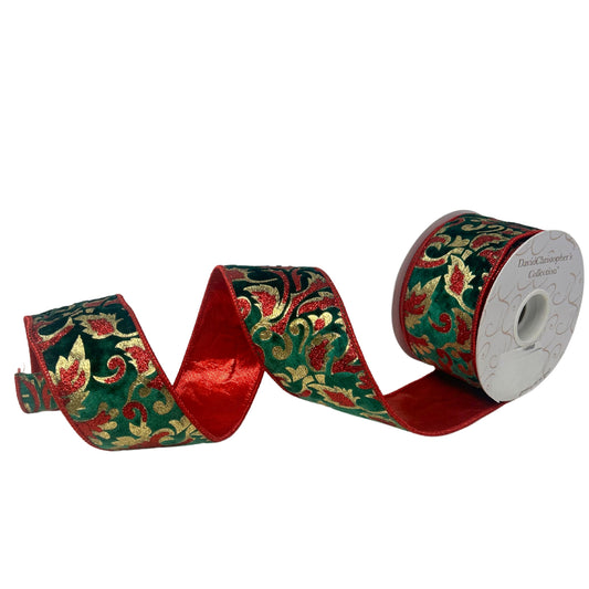 Glitter Print Leaf Pattern on Dark Green Velvet Ribbon w/ Red lame back 2.5” x 10yd | IR