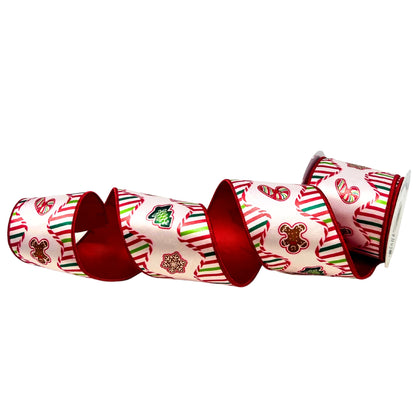 Gingerbread Cookies and Candy Stripes on Satin Wired Ribbon 4" x 10yd | IR