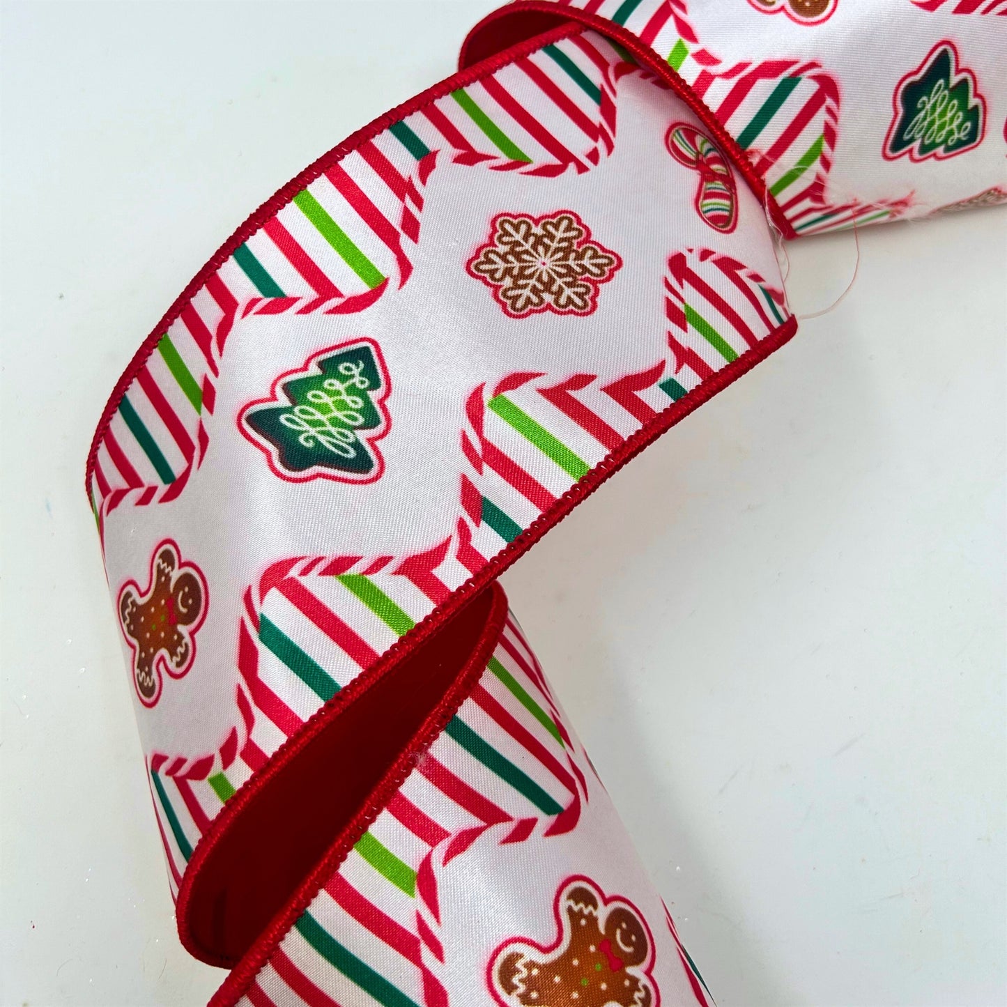 Gingerbread Cookies and Candy Stripes on Satin Wired Ribbon 4" x 10yd | IR