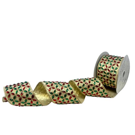 Fused Jewels on Metallic Gold Ribbon with Gold Back 4" x 5yd | IR