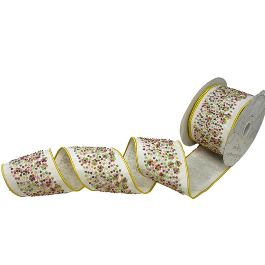 Multi Color Beads on Ivory Dupion Ribbon w/ Ivory Dupion back w/ Yellow Edge 2.5” x 10yd | IR