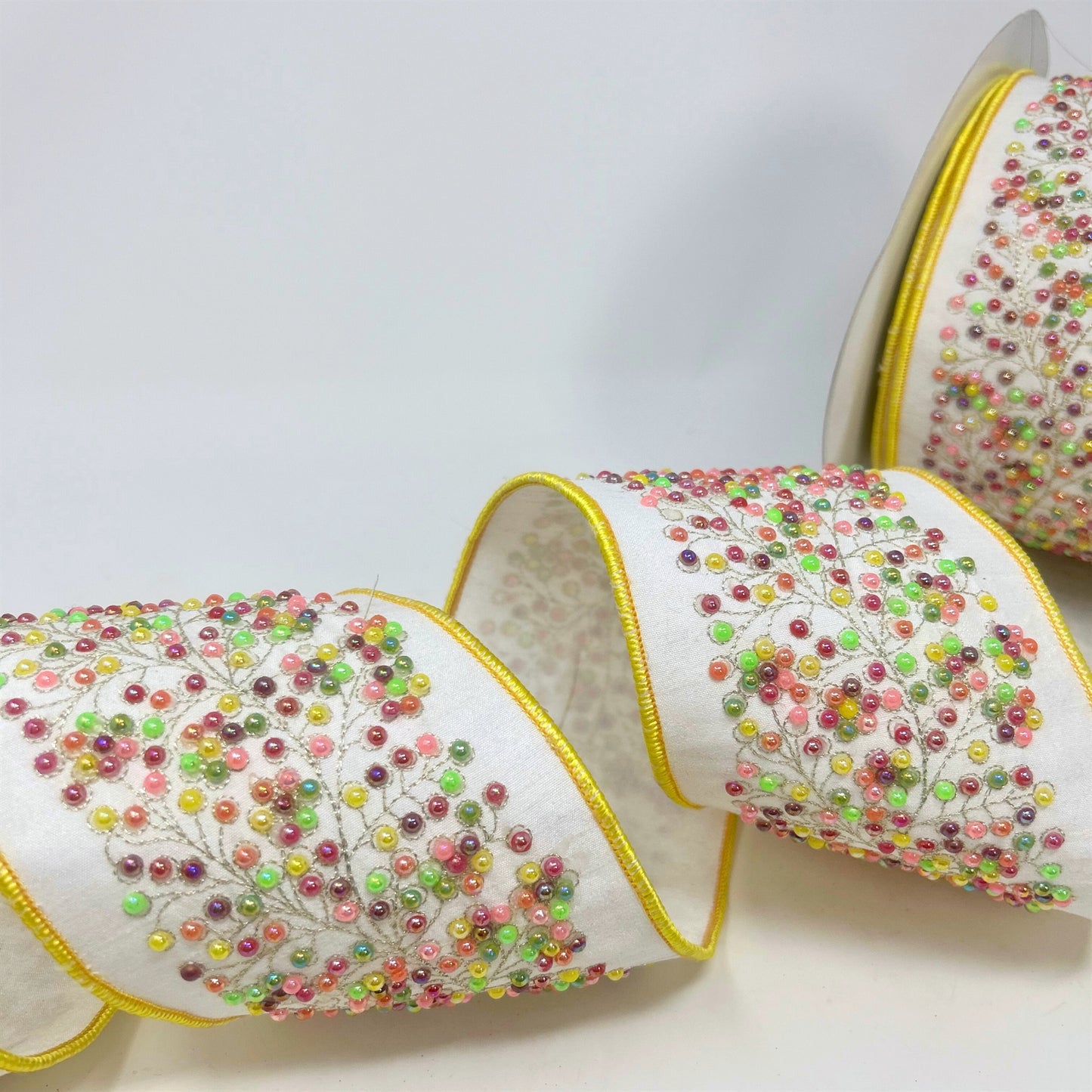 Multi Color Beads on Ivory Dupion Ribbon w/ Ivory Dupion back w/ Yellow Edge 2.5” x 10yd | IR