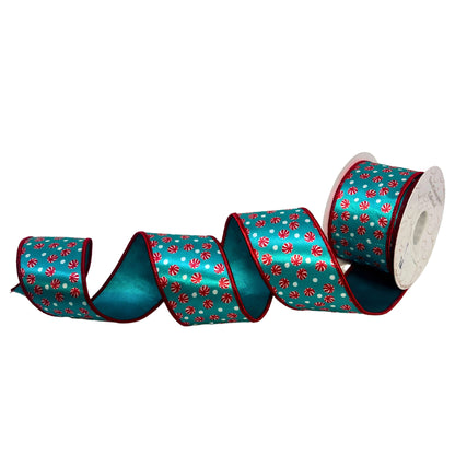 Peppermint Candy on Aqua Satin Ribbon 2.5" x 10yd | IR