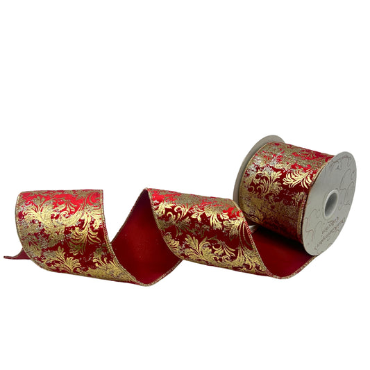 Gold Foil Acanthus Print With Glitter On Red Velvet Ribbon With Red Back 4" x 10yd | IR