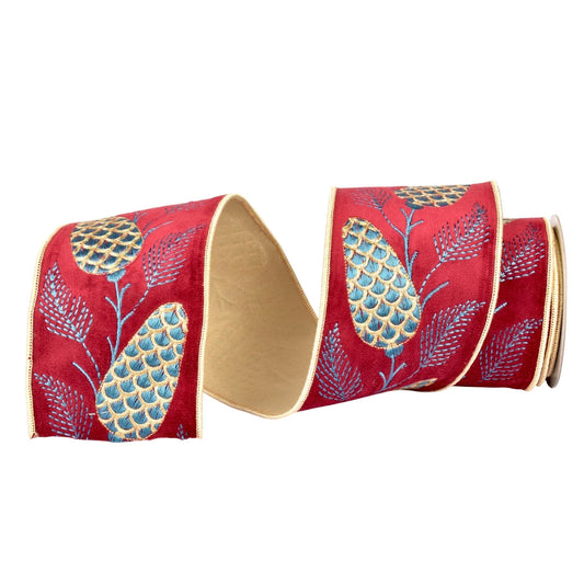 Embroidered Acorn on Red Velvet Ribbon 4" x 5yd | IR