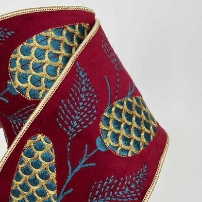 Embroidered Acorn on Red Velvet Ribbon 4" x 5yd | IR