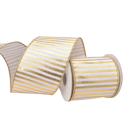 Metallic Gold Stripes on White Ribbon w/ Gold Back 4" x 10yd | IR