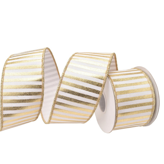 Metallic Gold Stripes on White Ribbon w/ Gold Back 2.5" x 10yd | IR