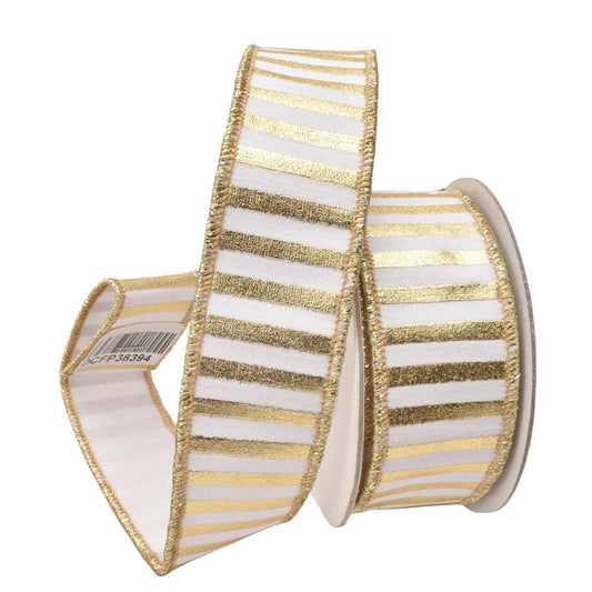 Metallic Gold Stripes on White Ribbon w/ Gold Back 1.5" x 10yd | IR