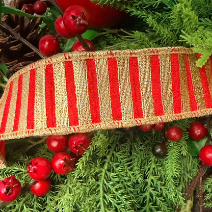 Metallic Gold Stripes on Red Ribbon w/ Red Back 1.5" x 10yd | IR