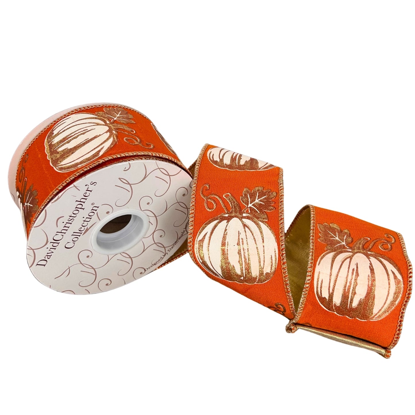 Modern Pumpkin Print on Orange Ribbon w/ Gold Back 2.5" x 10yd | IR