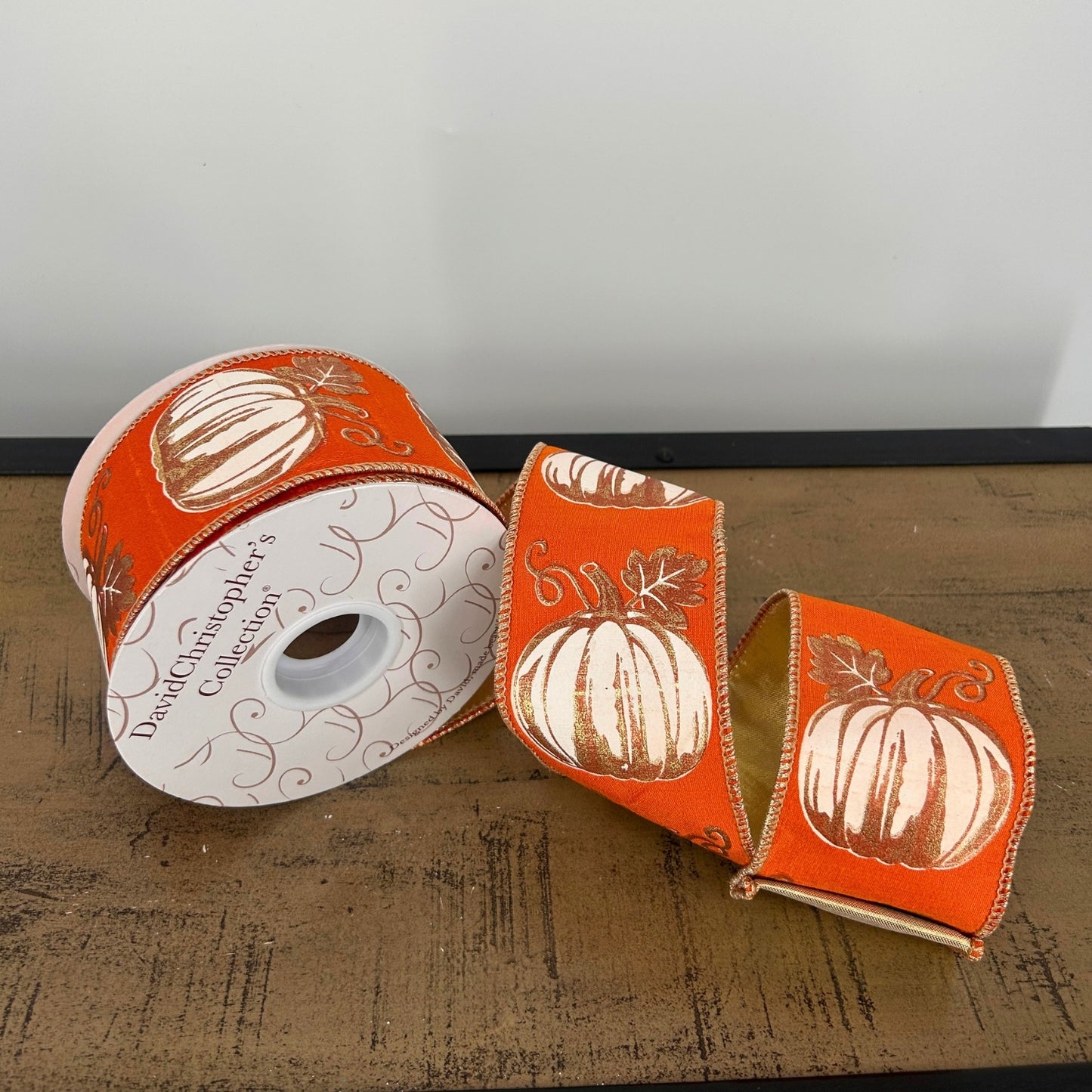 Modern Pumpkin Print on Orange Ribbon w/ Gold Back 2.5" x 10yd | IR
