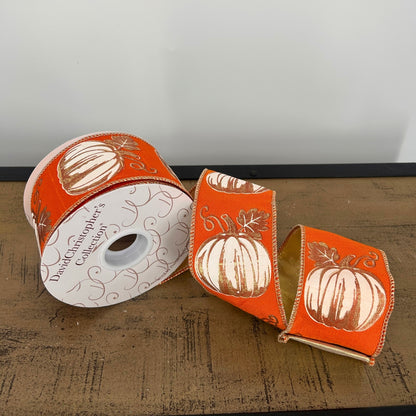 Modern Pumpkin Print on Orange Ribbon w/ Gold Back 2.5" x 10yd | IR
