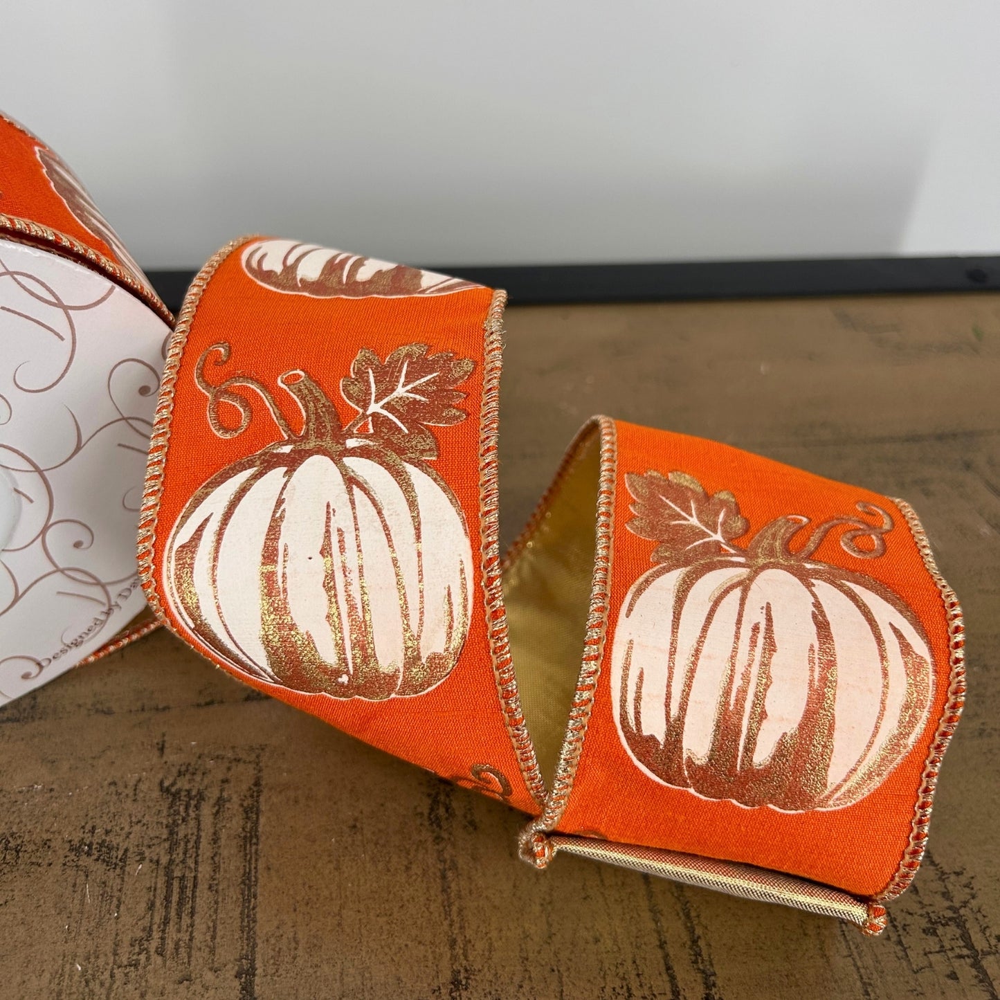Modern Pumpkin Print on Orange Ribbon w/ Gold Back 2.5" x 10yd | IR