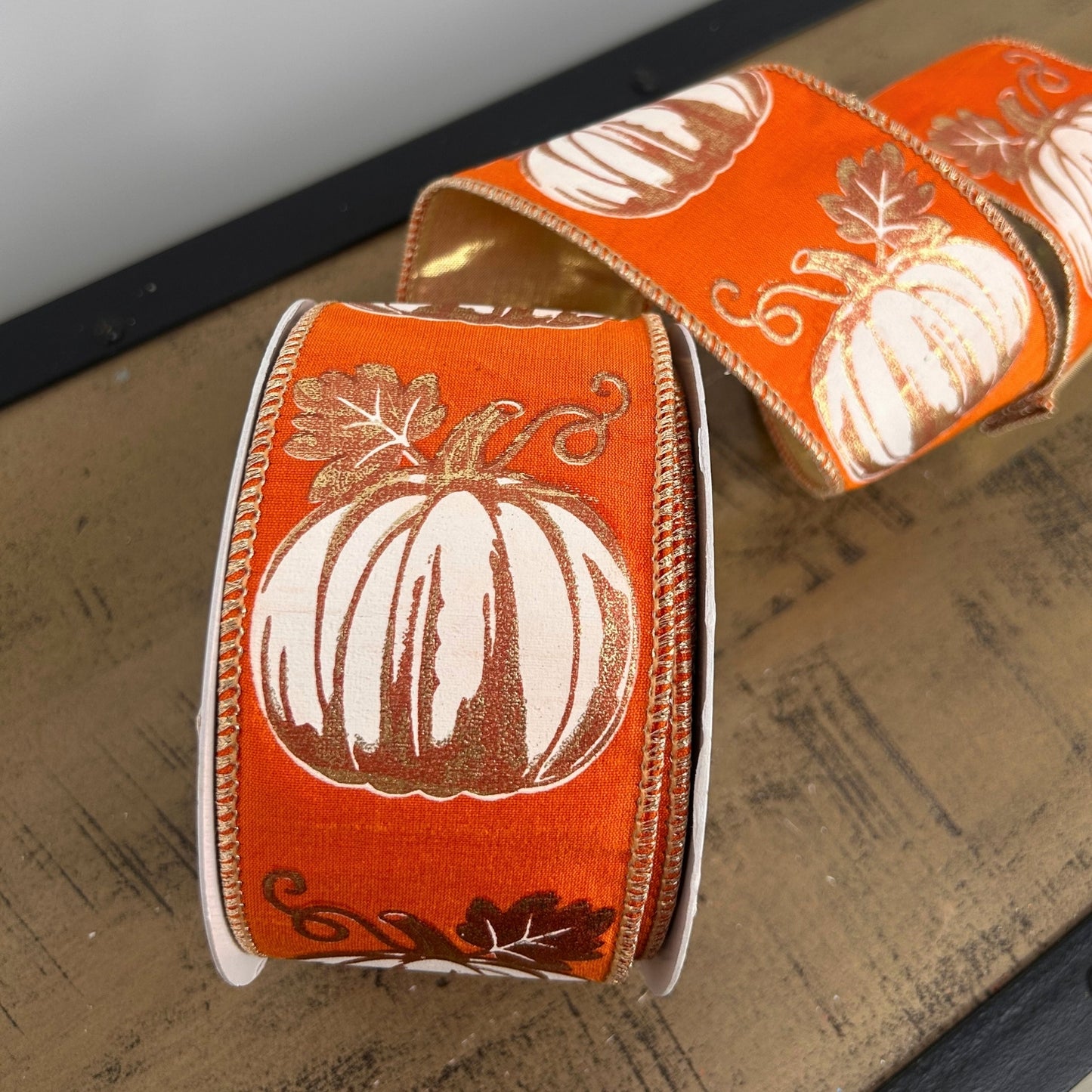Modern Pumpkin Print on Orange Ribbon w/ Gold Back 2.5" x 10yd | IR