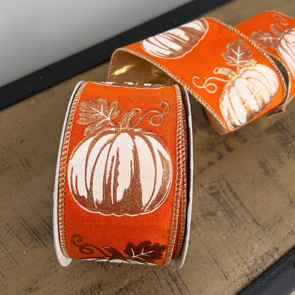 Modern Pumpkin Print on Orange Ribbon w/ Gold Back 2.5" x 10yd | IR