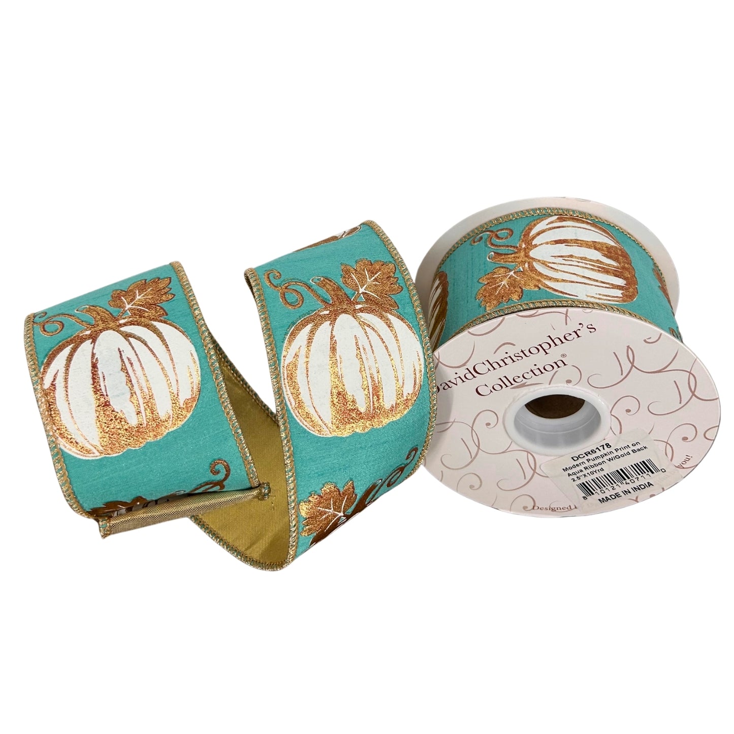 Modern Pumpkin Print on Aqua Ribbon w/ Gold Back 2.5" x 10yd | IR