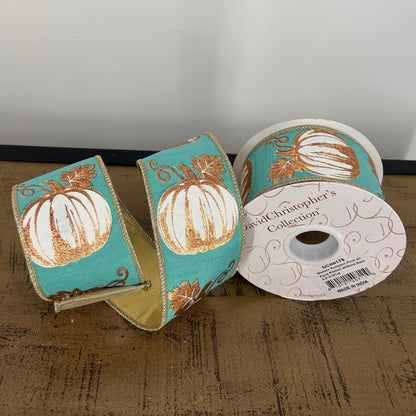Modern Pumpkin Print on Aqua Ribbon w/ Gold Back 2.5" x 10yd | IR