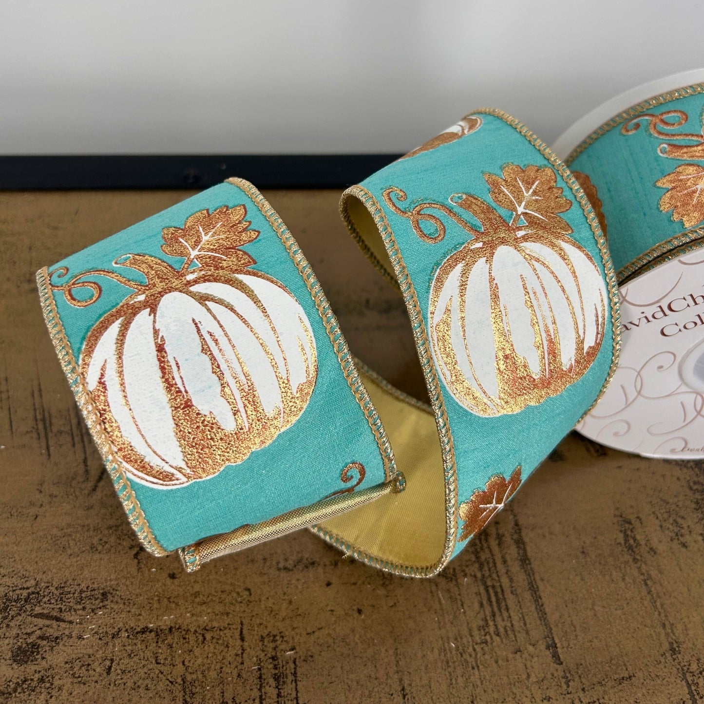 Modern Pumpkin Print on Aqua Ribbon w/ Gold Back 2.5" x 10yd | IR