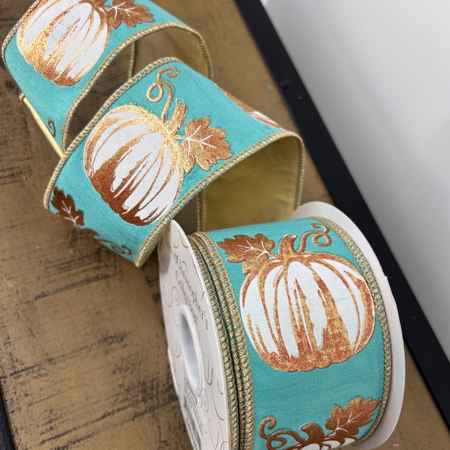 Modern Pumpkin Print on Aqua Ribbon w/ Gold Back 2.5" x 10yd | IR