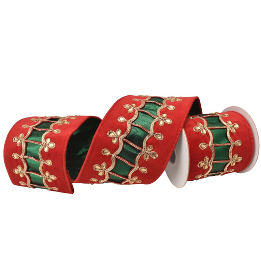 Regal Uniform Jeweled Trim on Red Velvet Ribbon w/ Green Back 4" x 5yd | IR