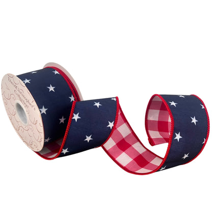 2.5” X 10Yd Print On Navy Blue Dupion With White/Red Checks Back And Red Edge | IR