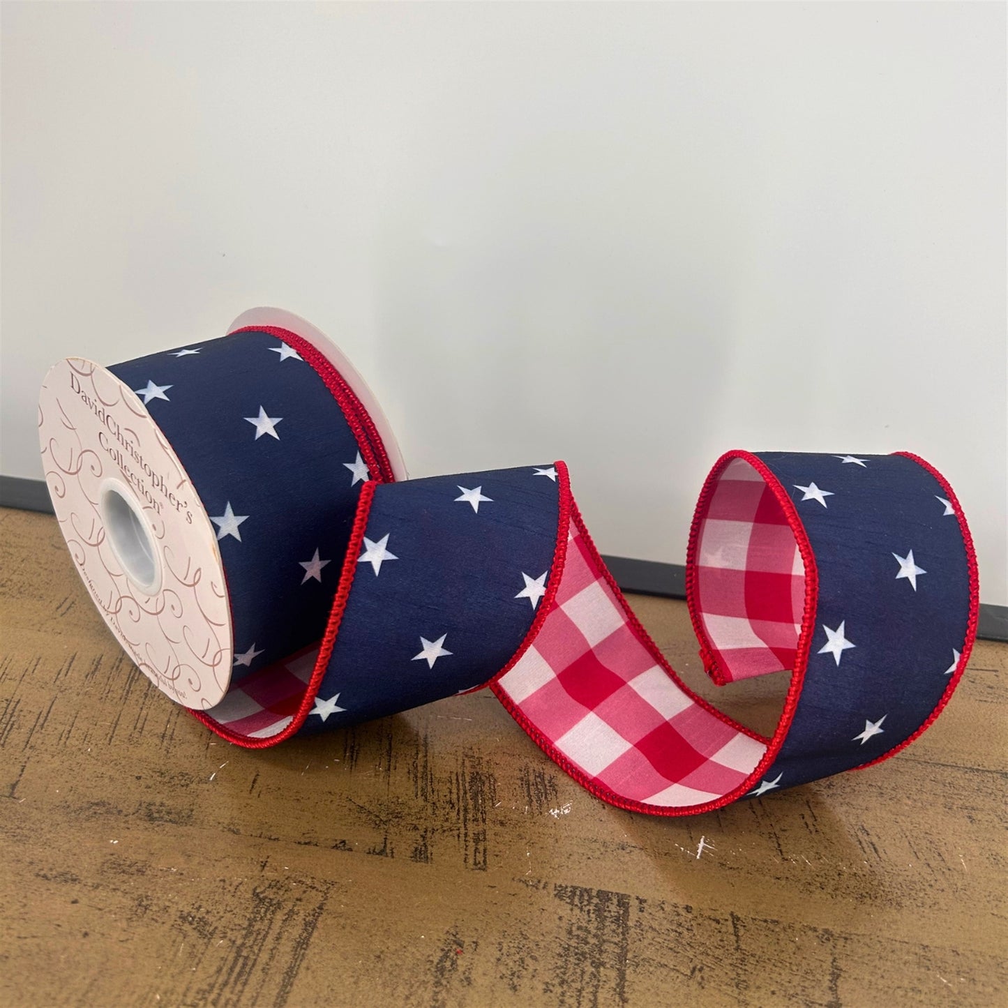 2.5” X 10Yd Print On Navy Blue Dupion With White/Red Checks Back And Red Edge | IR